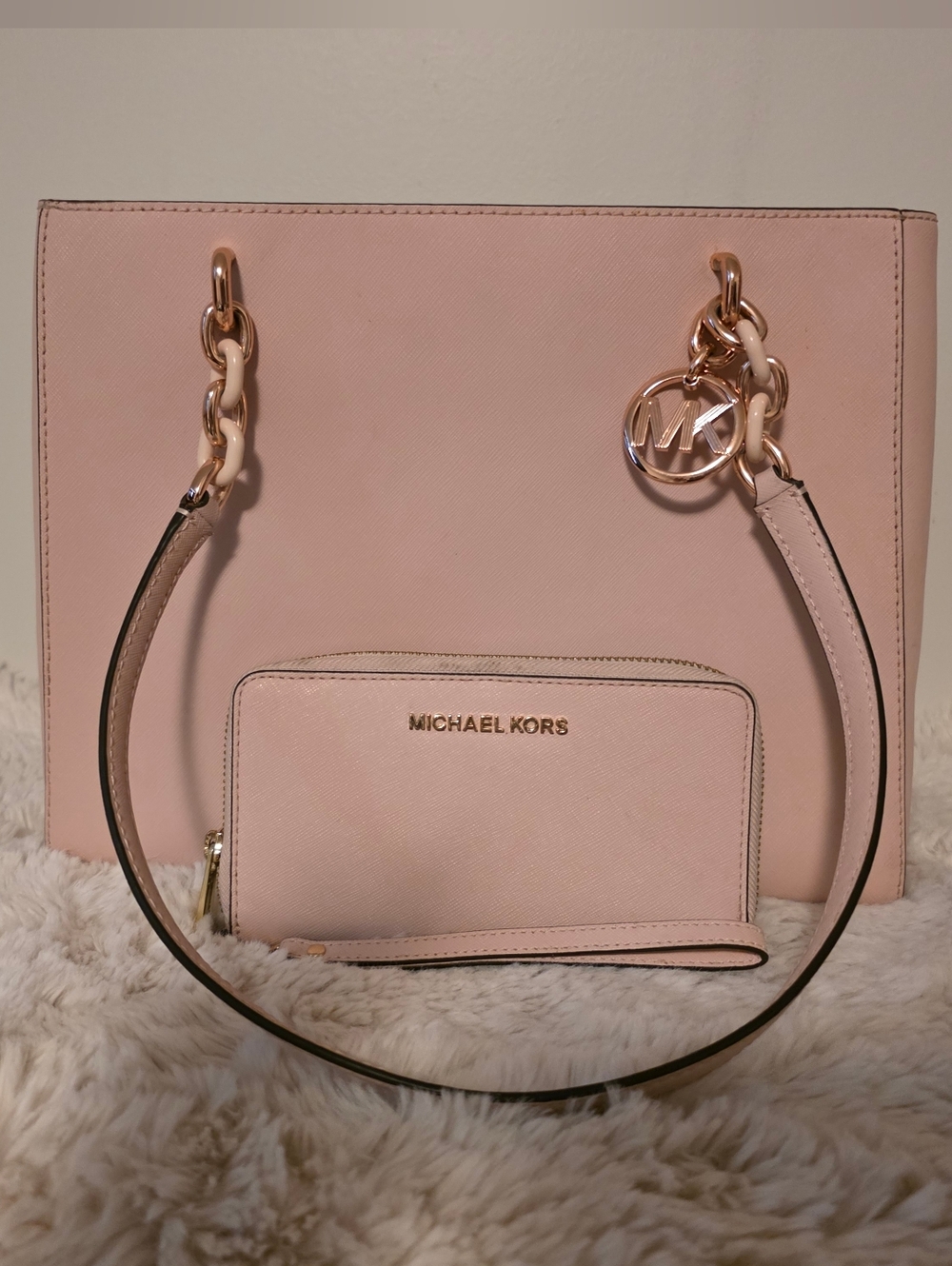 Michael Kors Blush Pink Saffiano Tote with Matching Wristlet and Gold Hardware